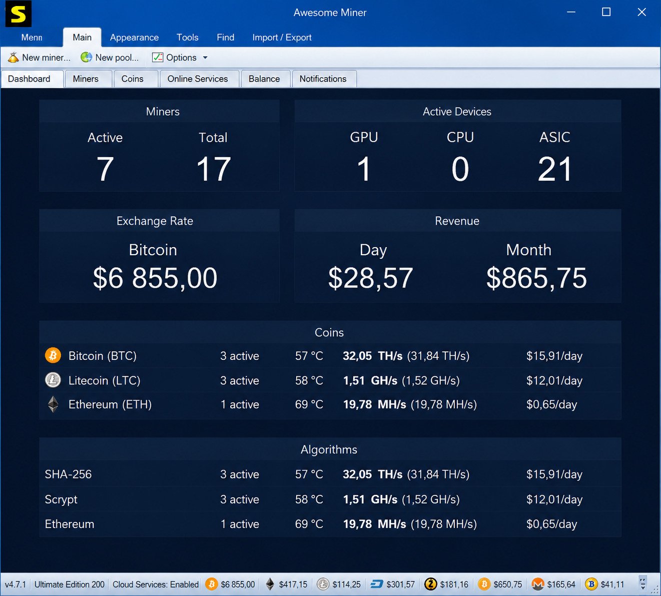 Awesome Miner download for PC screen