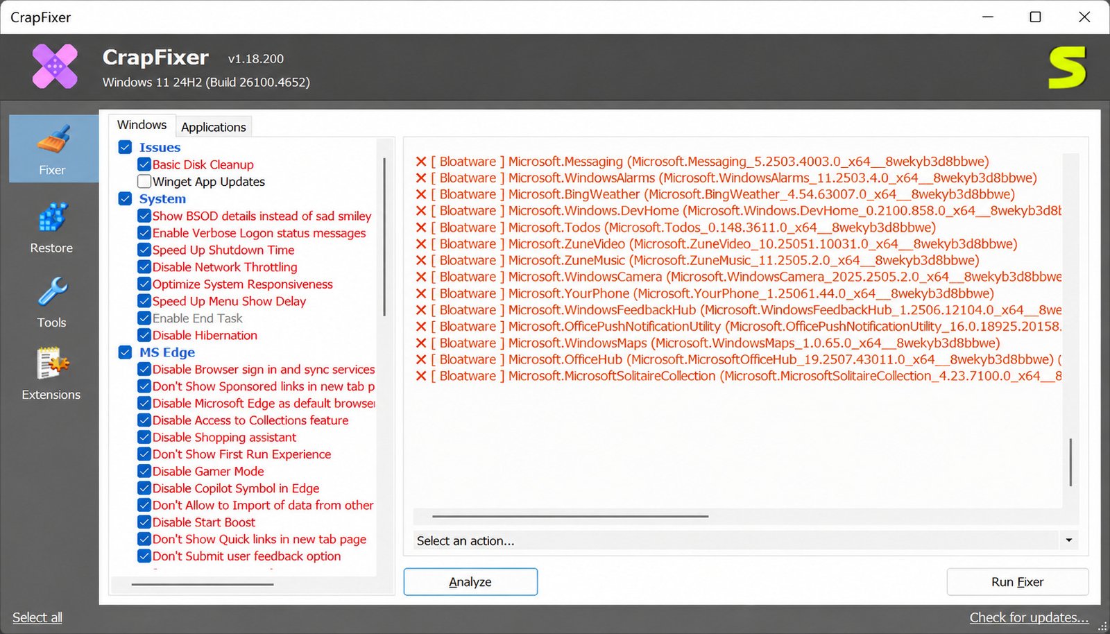 CrapFixer running on a Windows PC, showing the Analyze and Fix workflow