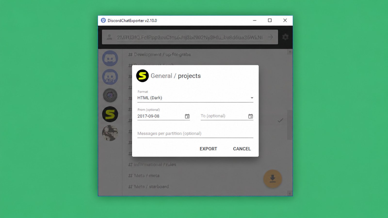 DiscordChatExporter download and message backup tool interface