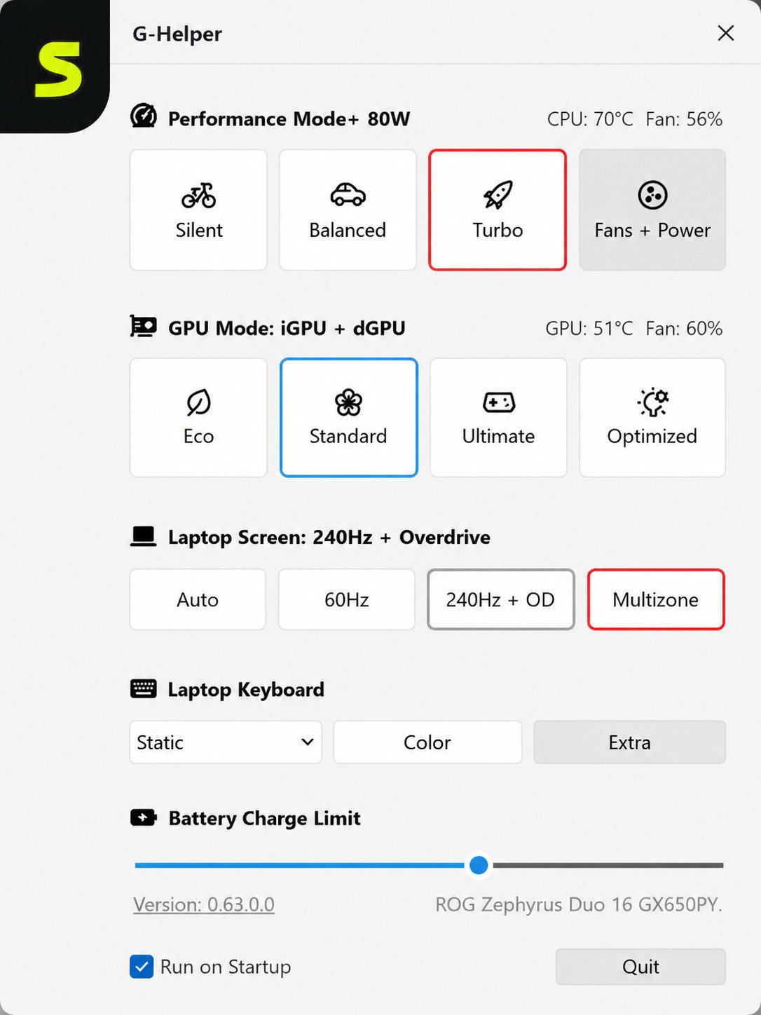 G-Helper battery and fan controls on PC
