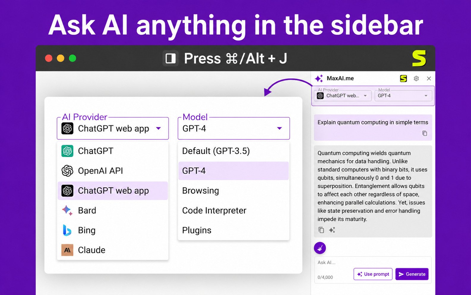 MaxAI.me sidebar comparing AI model options