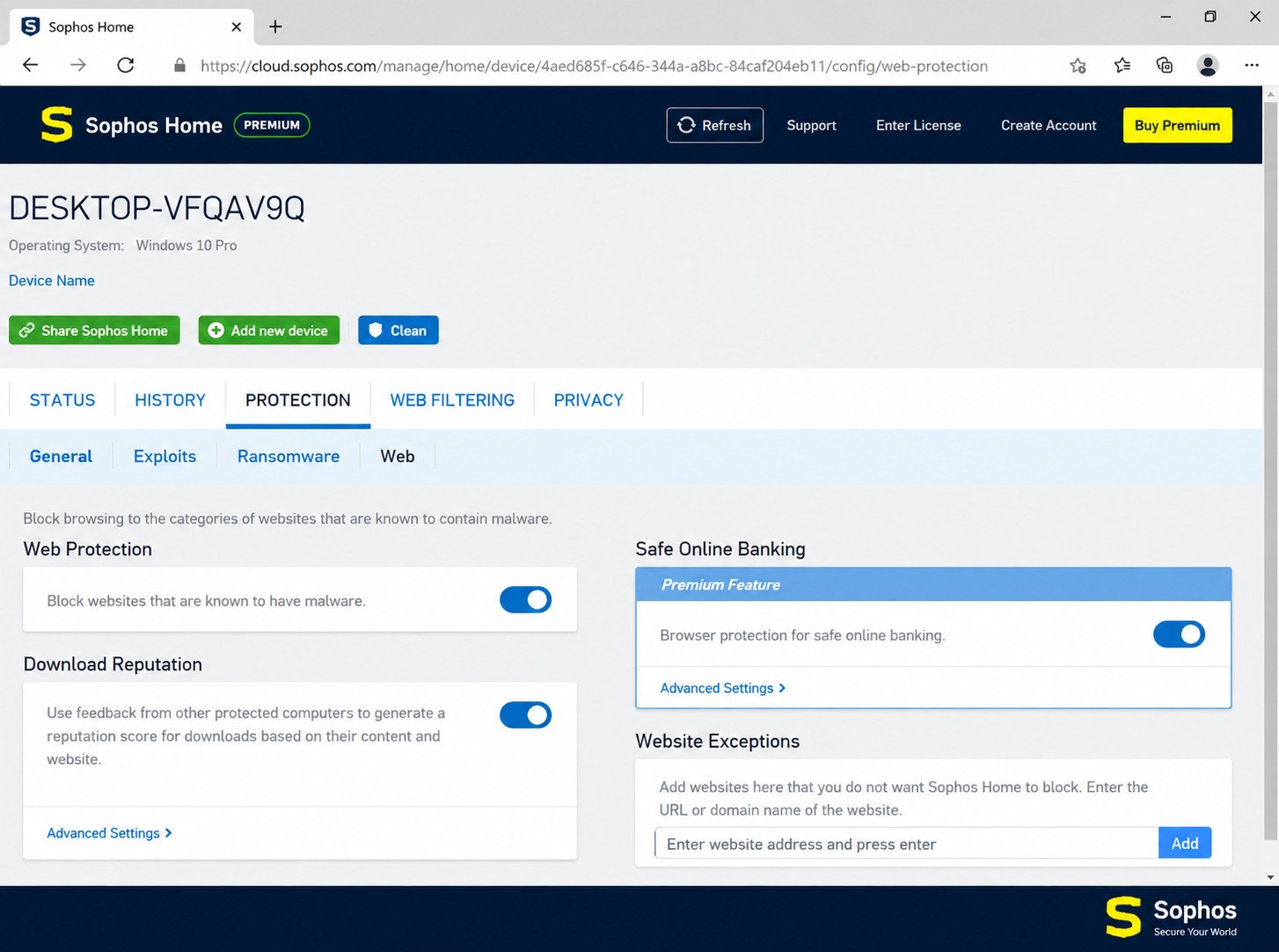 Sophos Home Premium dashboard download interface