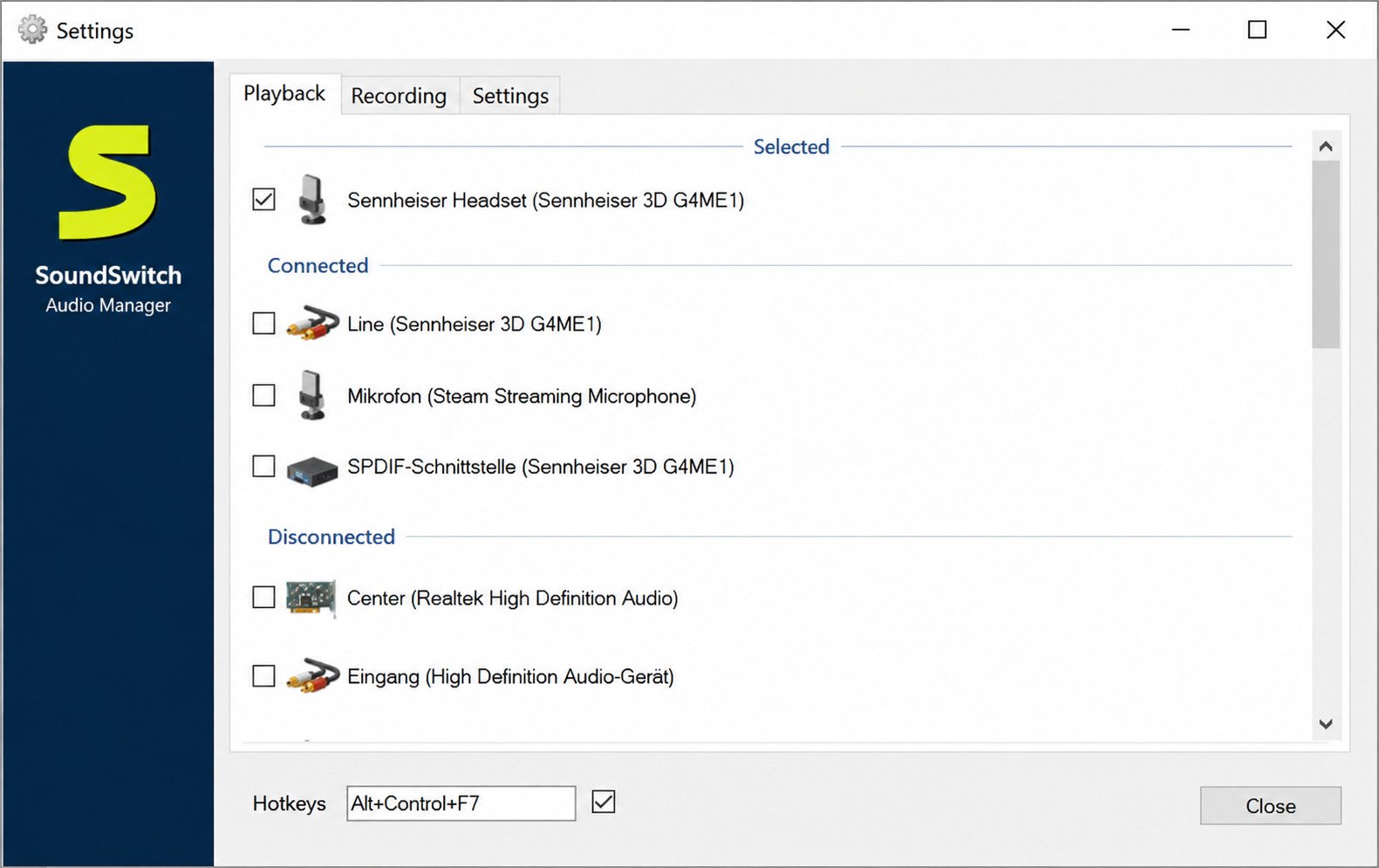 SoundSwitch audio device switcher for Windows