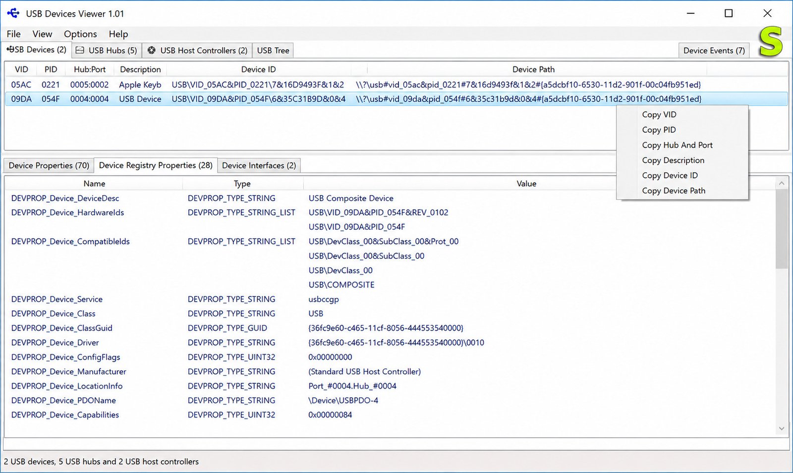 USB Device Tree Viewer showing hierarchy of controllers, hubs, and connected devices
