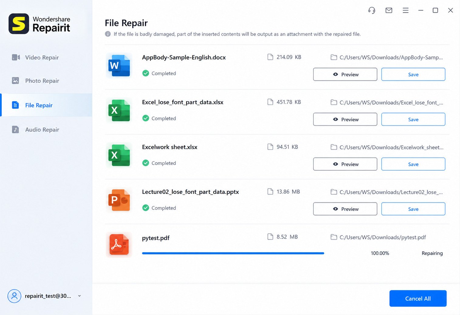 Wondershare Repairit free trial download interface