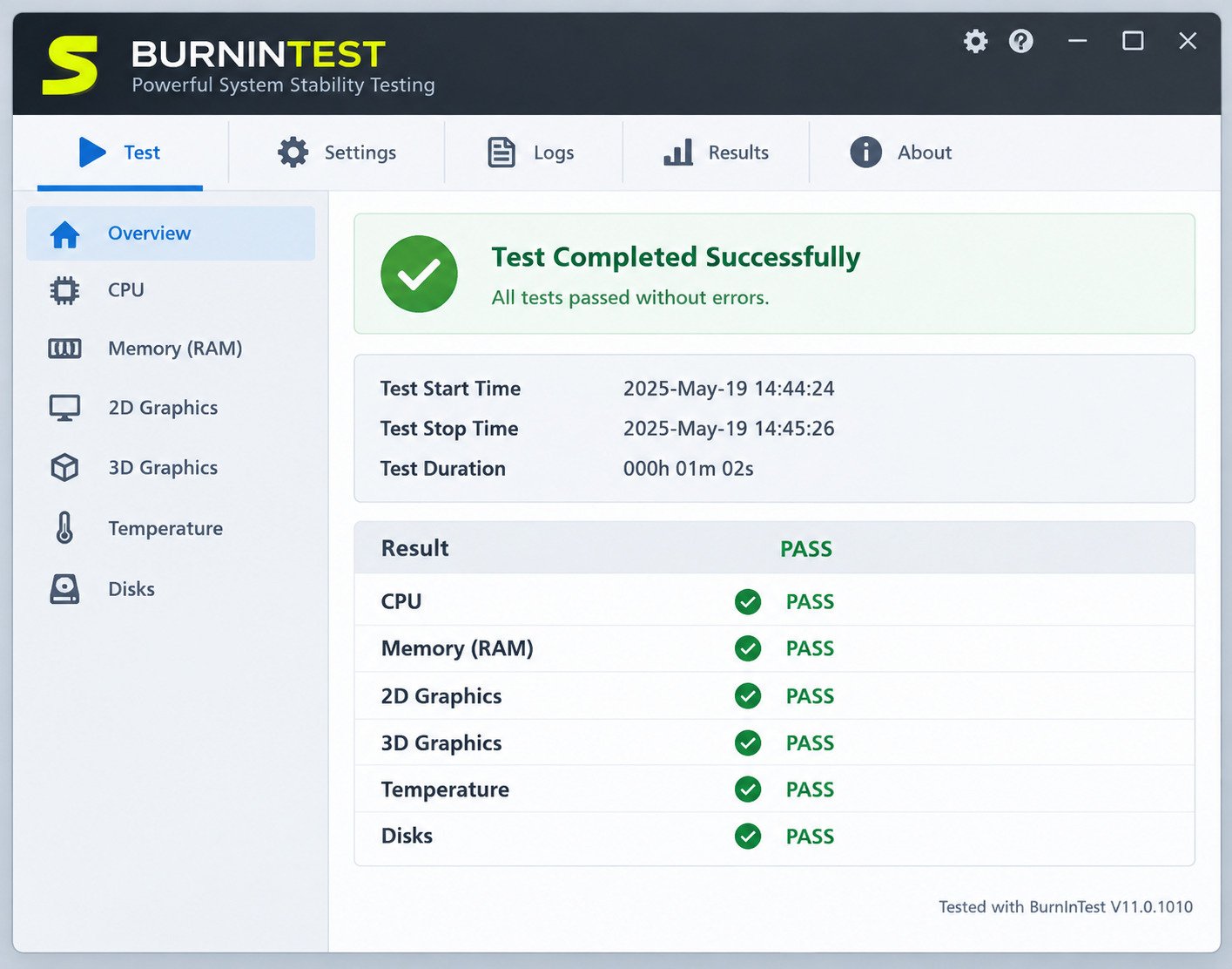 BurnInTest download page and main application window