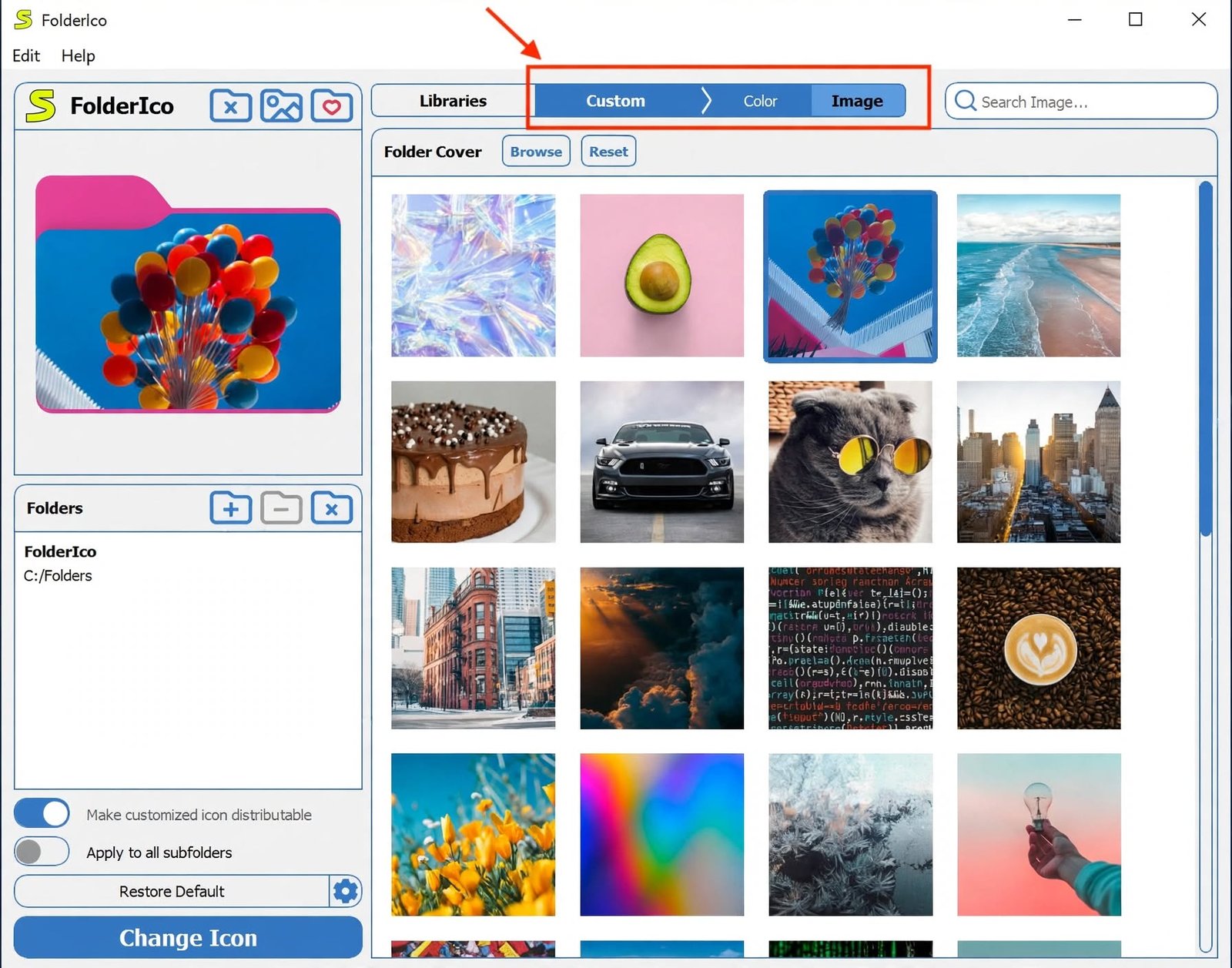 FolderIco running on a Windows PC with customized folder icons