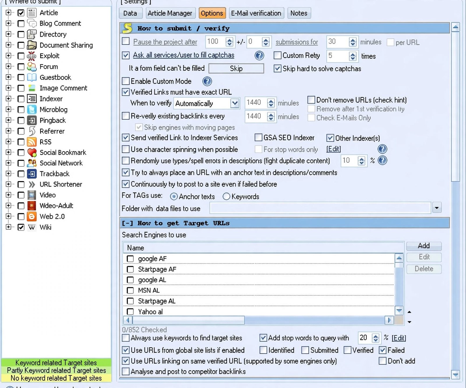 GSA Search Engine Ranker running on a Windows PC