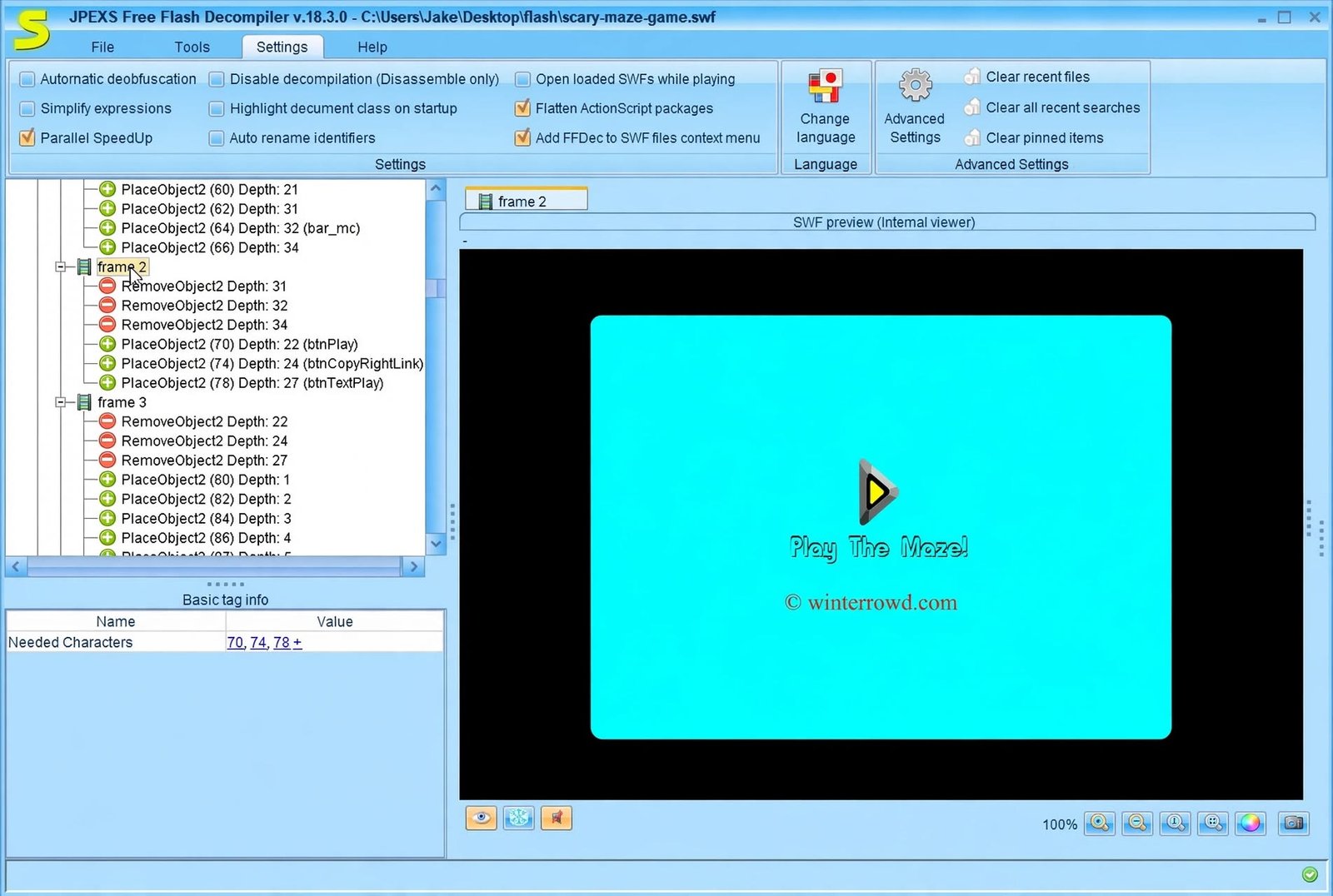 JPEXS Free Flash Decompiler feature panels