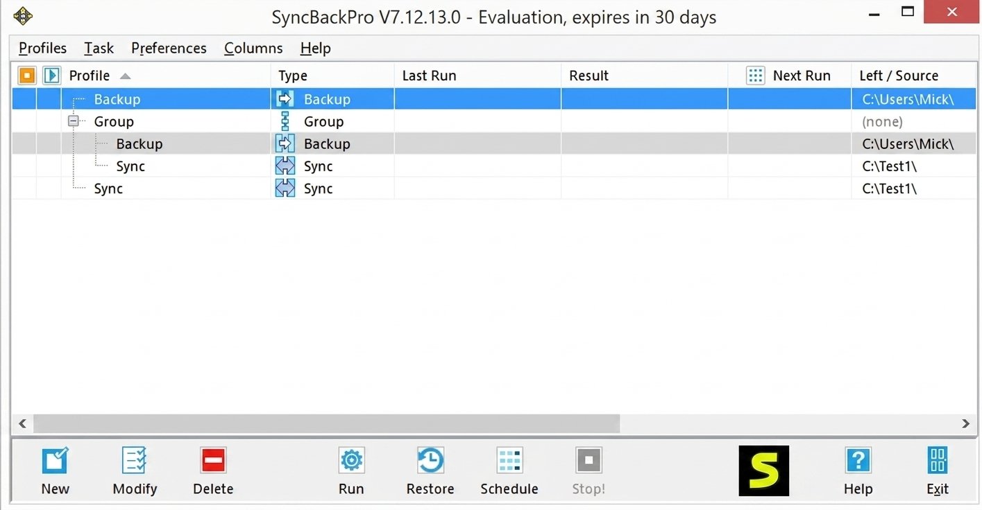SyncBack Download overview screen